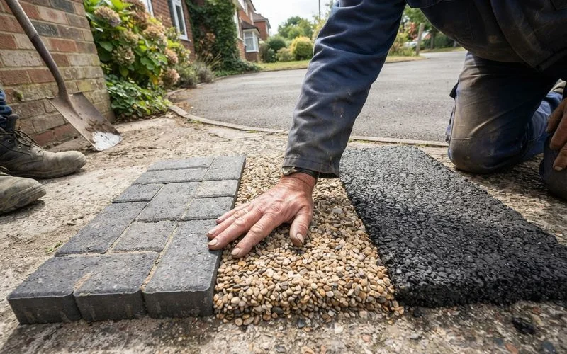 Close-up comparison of block paving texture, smooth resin bound surface, and tarmac finish