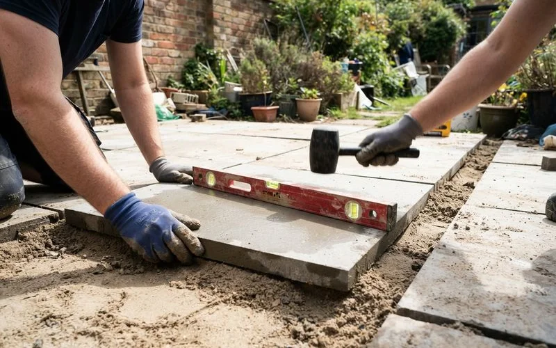 A DIY patio project in progress with slabs partially laid and levelling tools nearby