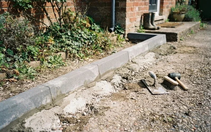 Newly laid driveway surface with edge restraints visible along the boundary