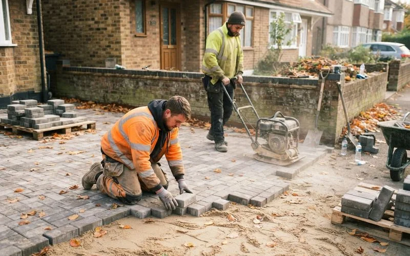 Driveway paving crew working during a clear autumn day with fallen leaves nearby