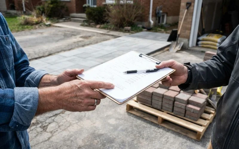 A written paving quote document being reviewed alongside a tape measure on a garden table