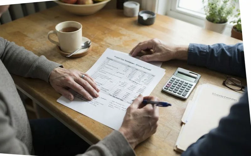 A calculator and paperwork laid out next to a driveway cost quote