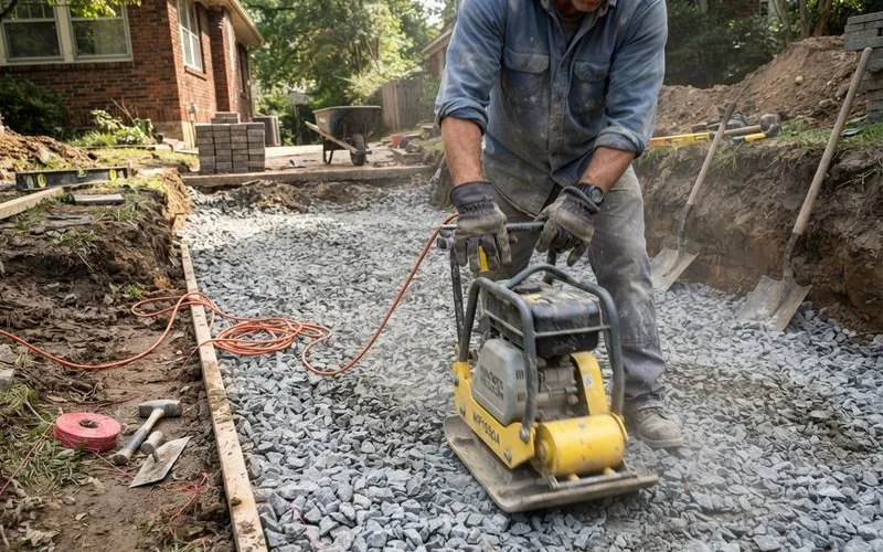 Compacted sub-base layer being laid before block paving is installed on a driveway