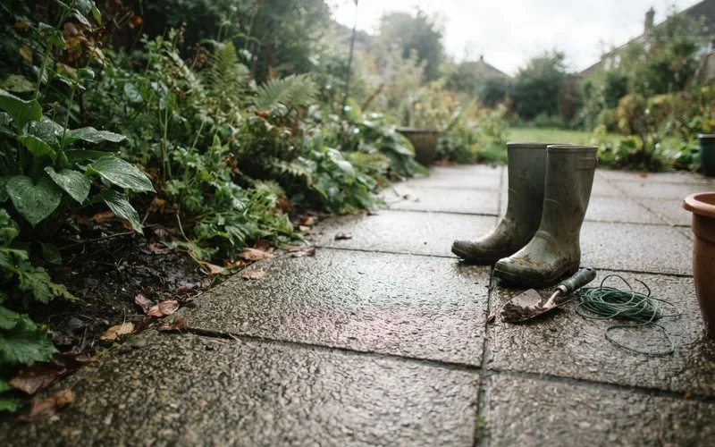 Textured natural stone patio surface with clear grip pattern for wet weather safety