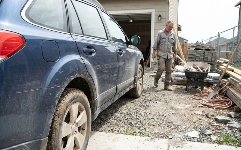 A parked car with a light coating of spray marks from nearby construction work