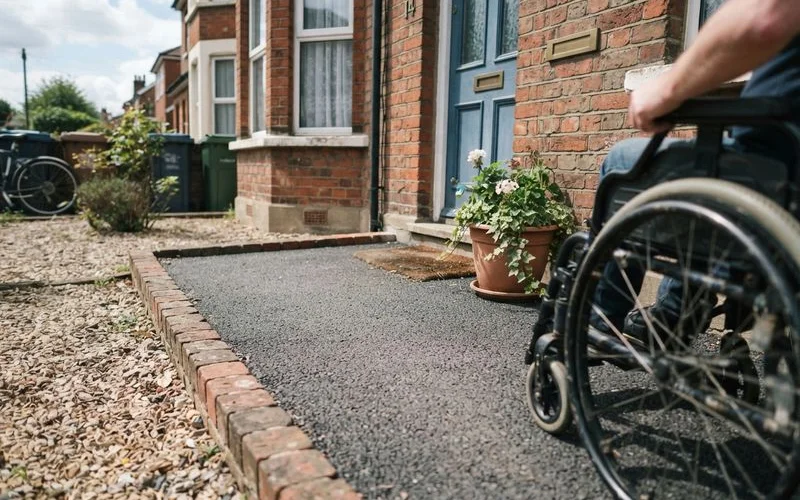 Wheelchair user moving along a smooth, level driveway path toward the front door